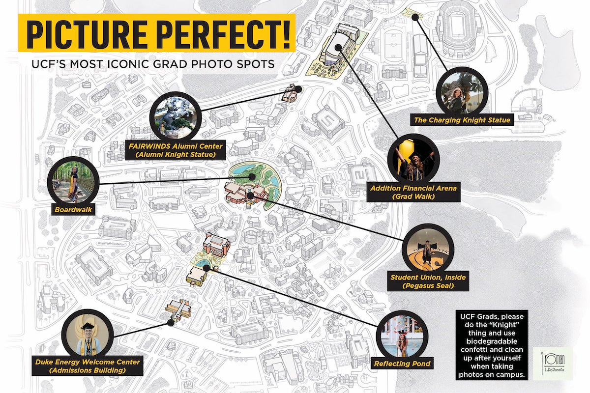 Black and white map of UCF's main campus with words overlayed that read: Picture Perfect: UCF's most iconic grad photo spots. Circle photos point to pins on the map featuring: Boardwalk, Student Union, Duke Energy Welcome Center, Reflecting Pond, Addition Financial Arena, Charging Knight Statue and inside Student Union Pegasus Seal.