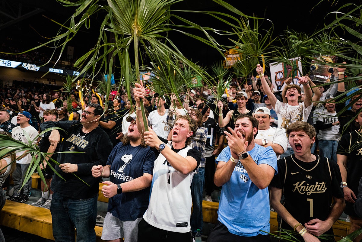 Wide photo of crowd in stands waving palm fronds in arena at basketball game
