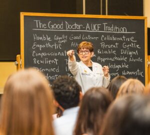 Dean Deborah German conducts the first class of medical school at UCF — The Good Doctor, a UCF Tradition.