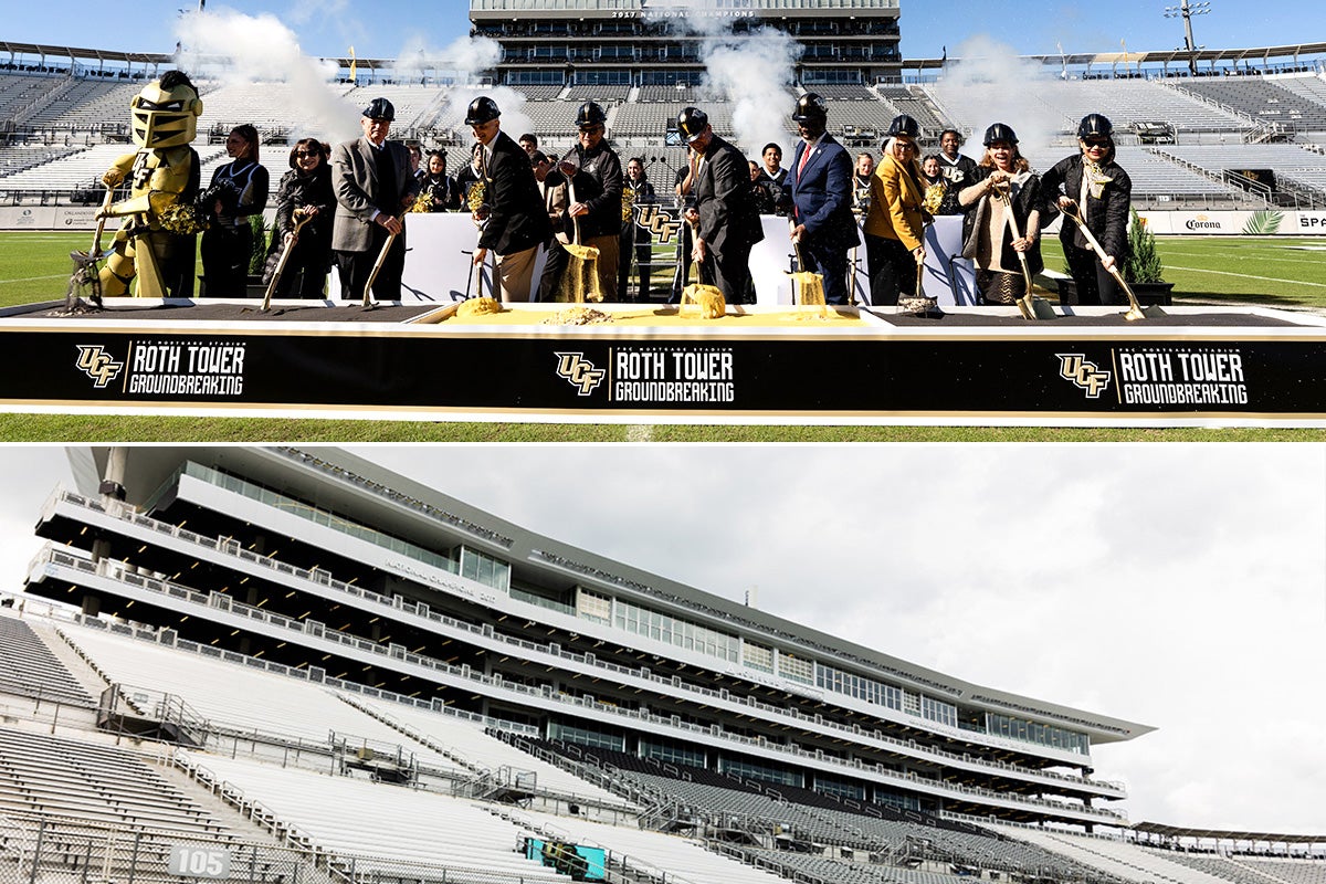2 photo collage: top photo shows group of men and women dig shovels into a ceremonial trough of dirt with signage that reads "Roth Tower groundbreaking" at UCF football stadium while bottom shows Photograph from field level of UCF football stadium's steel tower and empty stands on cloudy day