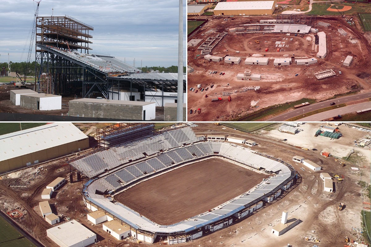 3-picture collage of various stages of construction of UCF football stadium