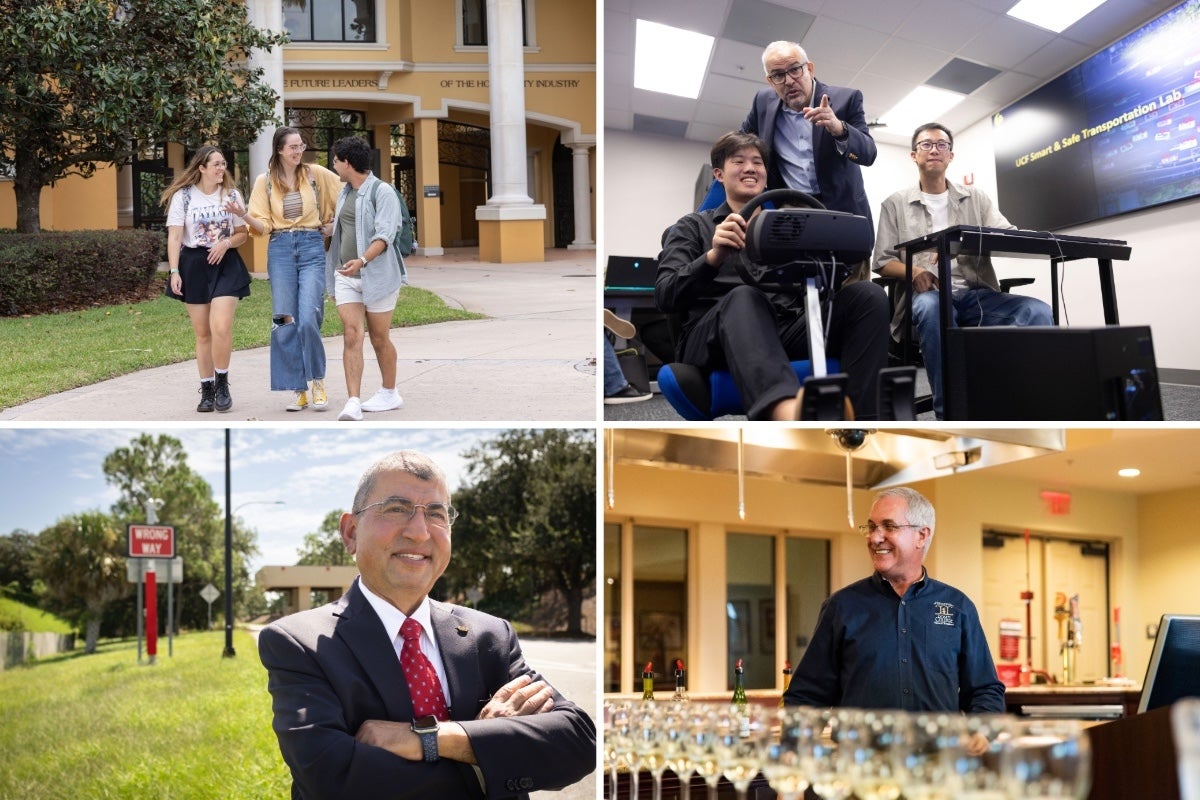 A collage of Rosen students walking on campus, a faculty member talking to a student who is using a driving simulation, another faculty in front of a wrong-way driving sign and a faculty member in a wine lab.