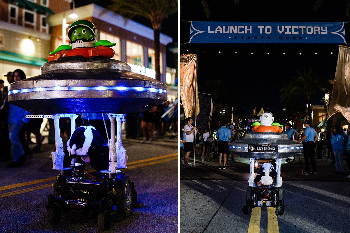 Split screen photo collage of front and back view of Citronaut vehicle at UCF's Launch to Victory march at night on game day.