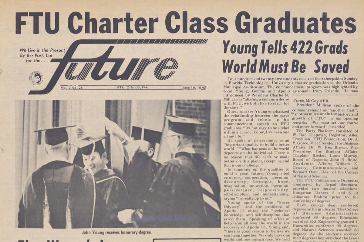 Archival newspaper photo with headline that reads FTU Charter Class Graduates and black and white photo of astronaut John Young receiving honorary degree in cap and gown