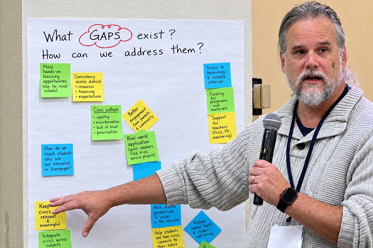 Gray-bearded man wearing sweater and holding microphone points to paper with blue, yellow and green sticky notes attached