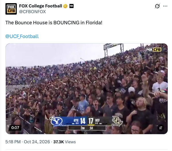 Fox College Football post on X with a caption that reads: The Bounce House in Bouncing in Florida!