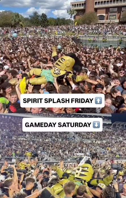 Split screen graphic of Knightro crowd surfing at Spirit Splash on top, and Knightro crowd surfing on football field at Acrisure Bounce House on bottom