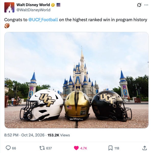 A Walt Disney World post on X that reads Congrats to UCF Football on the highest ranked win in program history)