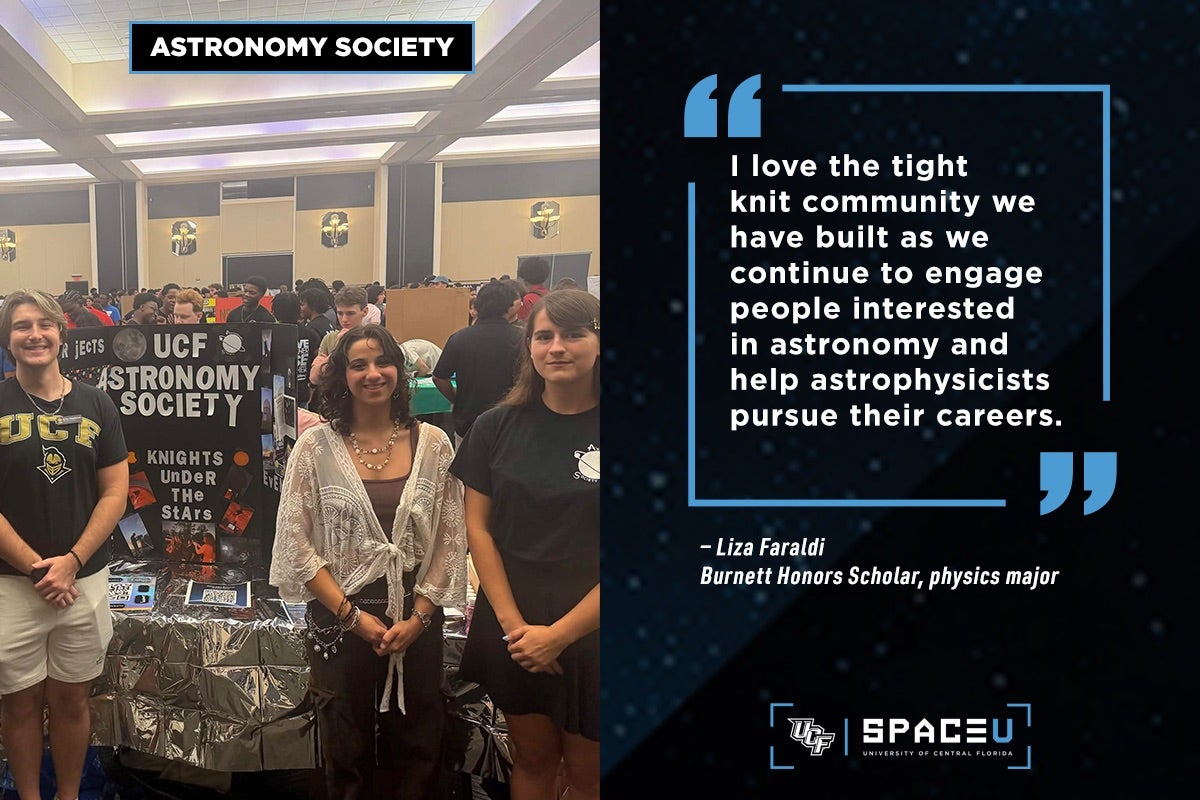Graphic of Astronomy Society, split with photo of group at tabling event and quote from Liza Faraldi with UCF Space U Logo on the bottom