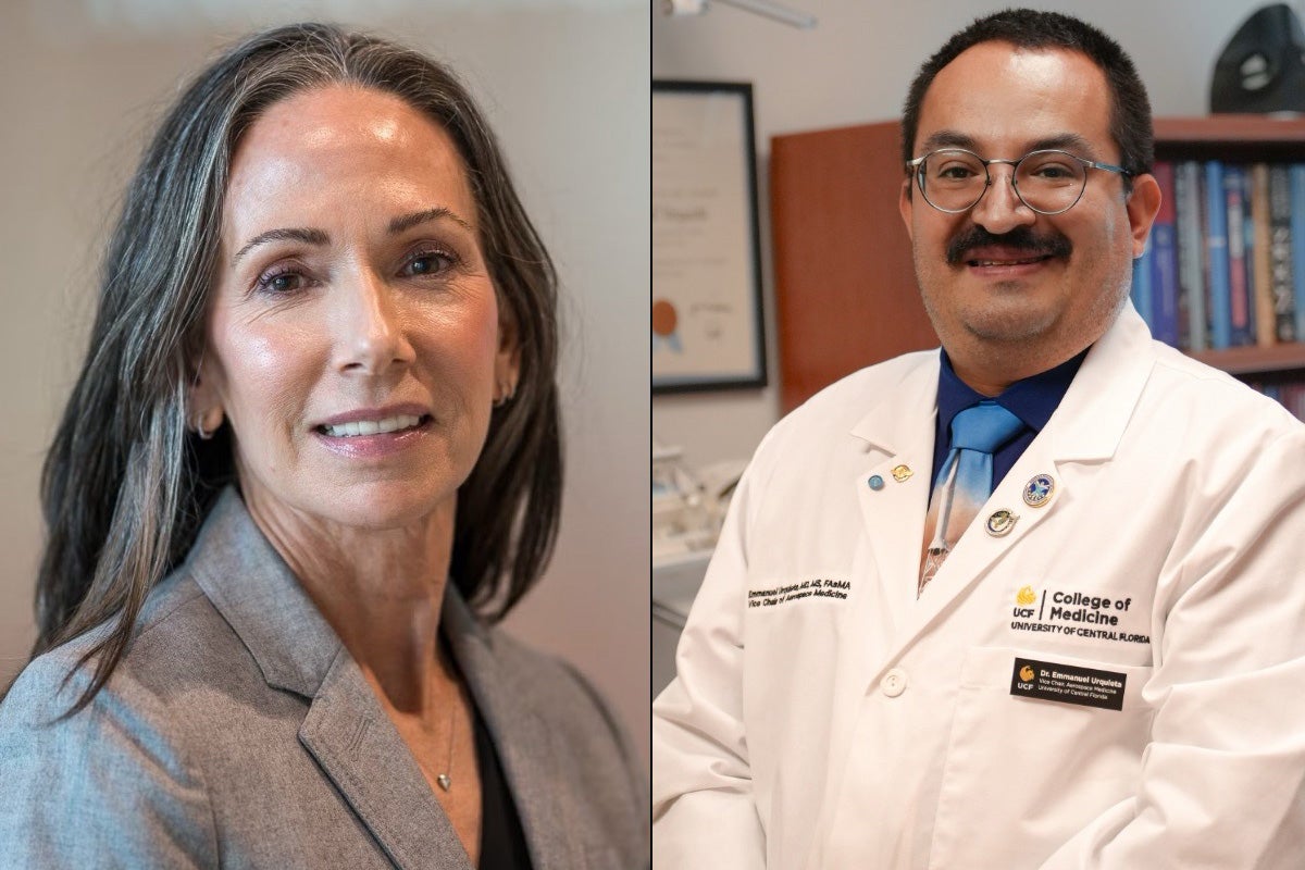 split screen image of woman in gray business suit jacket on the left and man wearing glasses and lab coat on the right