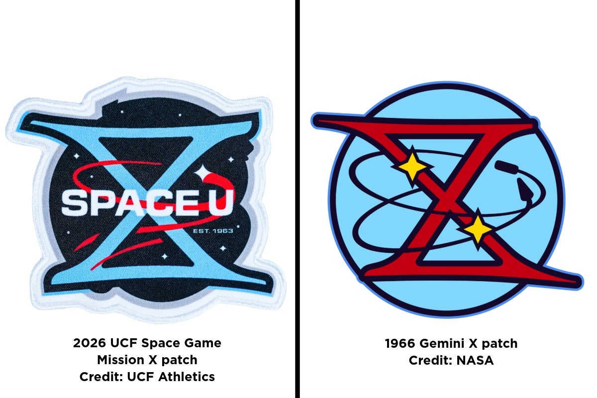 split screen of UCF Mission X Space Game patch and NASA's Gemini Patch of 166