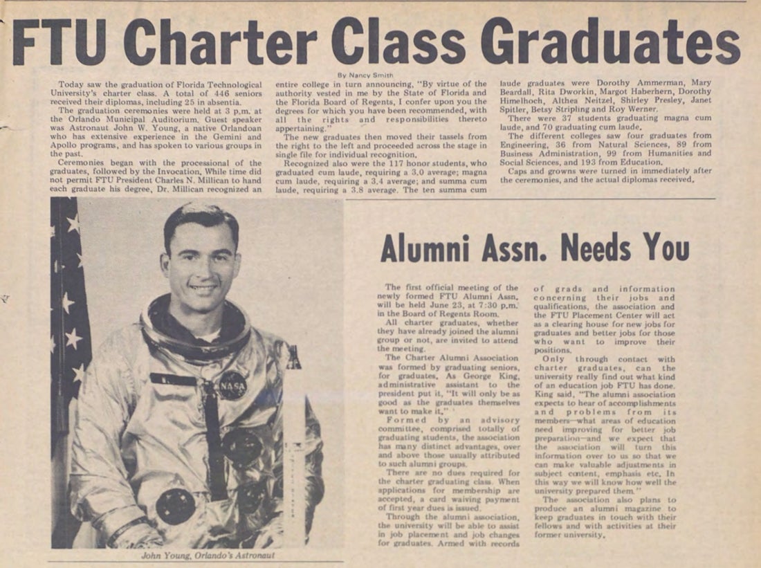 Central Florida Future newspaper clipping highlights astronaut John Young as UCF's first commencement speaker