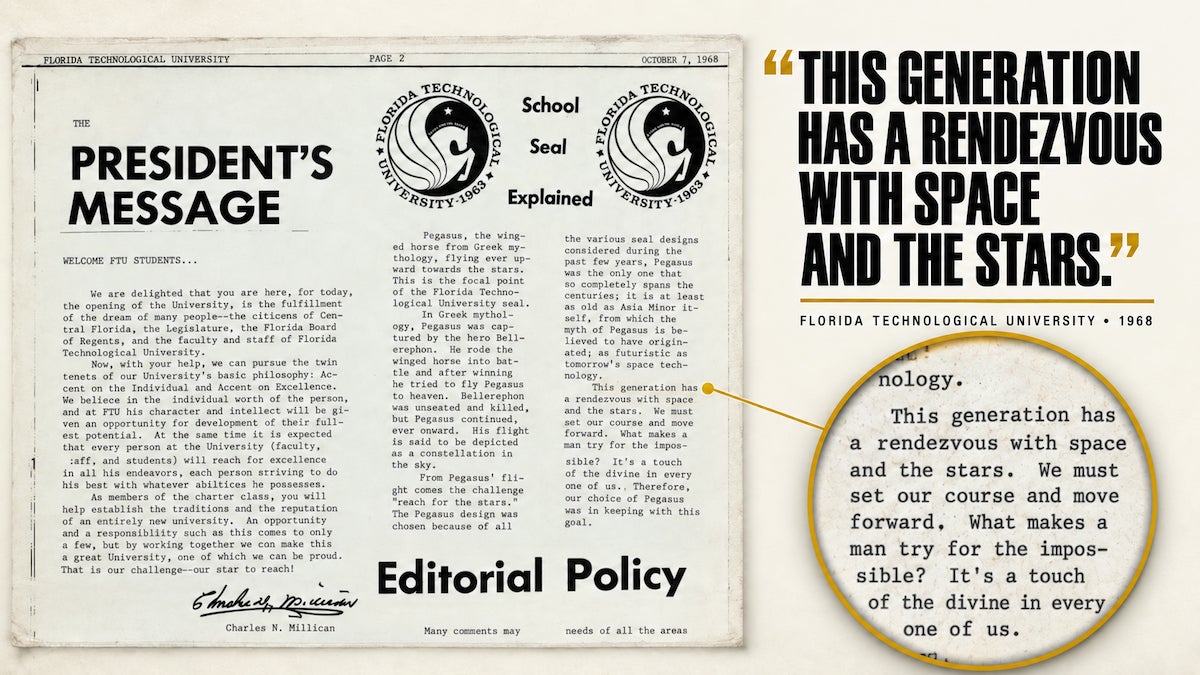 A message from UCF's founding President Charles N. Millican emphasized UCF's connections to space from the beginning of the university. (President message content originally appeared in Central Florida Future's Oct. 7, 1968 edition)