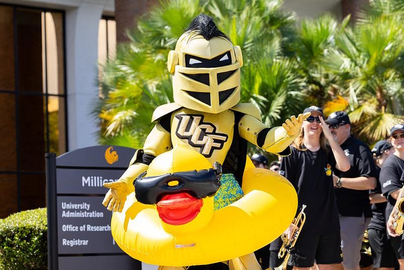 Knightro wearing an inflatable duck