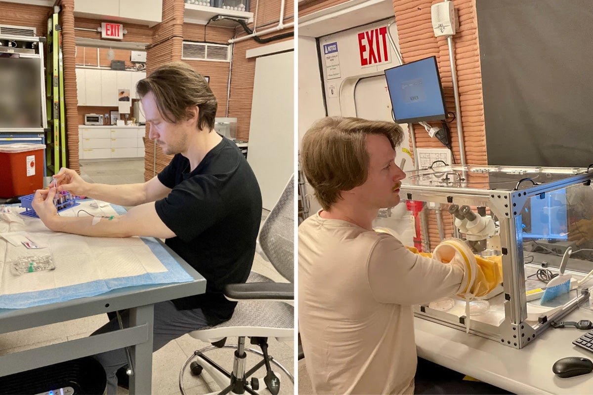 A split screen of two photos. One left, Matthew Montgomery draws blood from his left arm. On right, Montgomery inserts arms into holes in glass box while wearing yellow gloves.