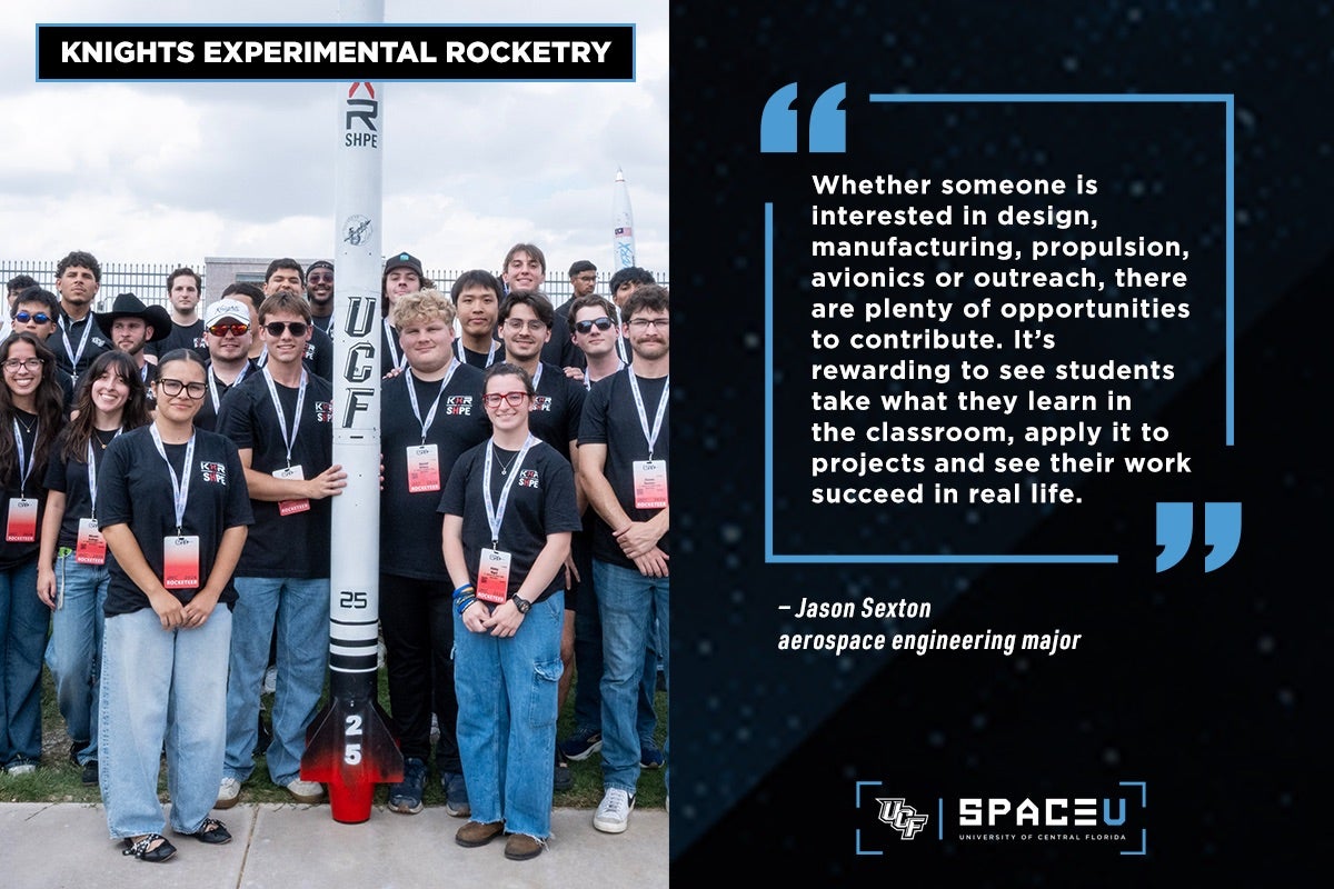 Graphic of Knights Experimental Rocketry Society, split with photo of group with a white UCF rocket at center and quote from Jason Sexton with UCF Space U Logo on the bottom