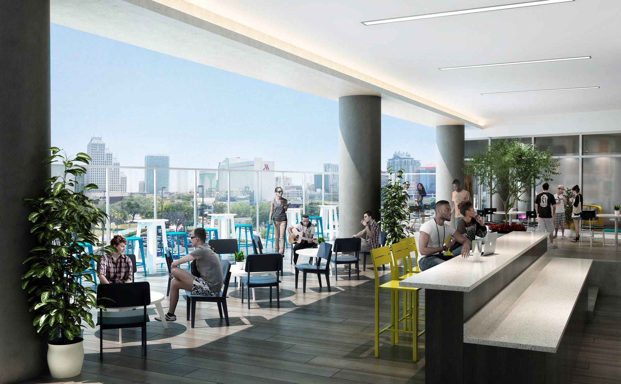 The Collaborative, located on the 6th floor, includes an outdoor patio overlooking downtown Orlando and Creative Village Central Park.