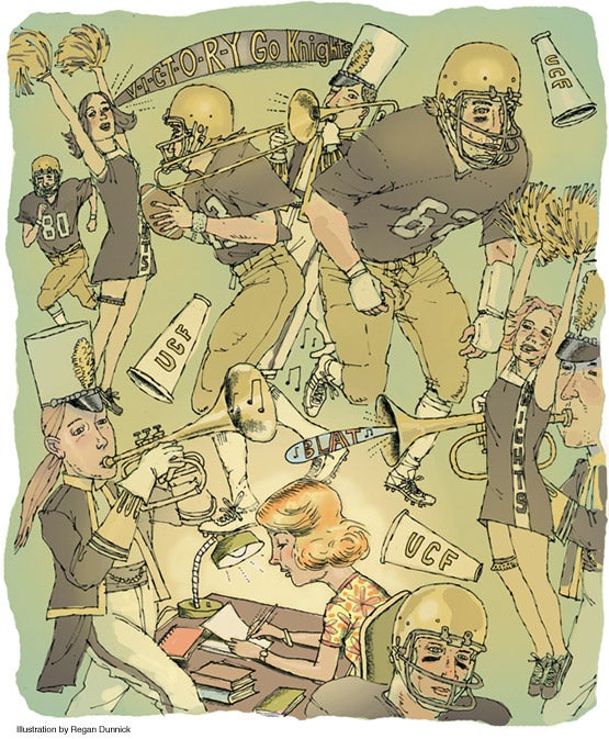 collage of illustrated football players, cheerleaders, band members and students