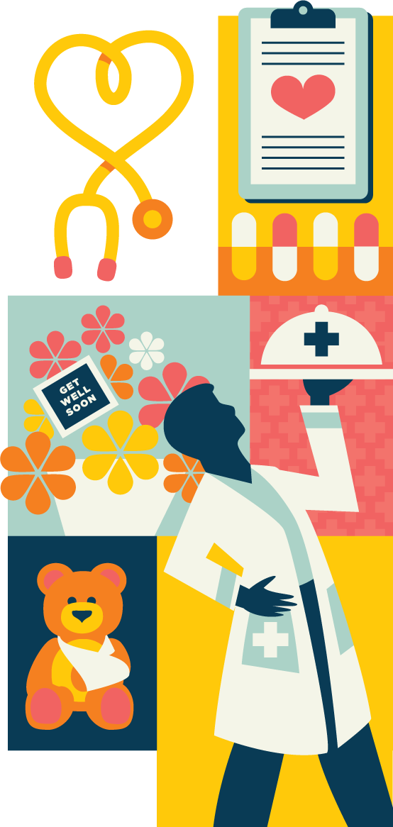 collage of illustrated nurse, teddy bear wearing arm sling, get well soon card, stethescope, other medical icons