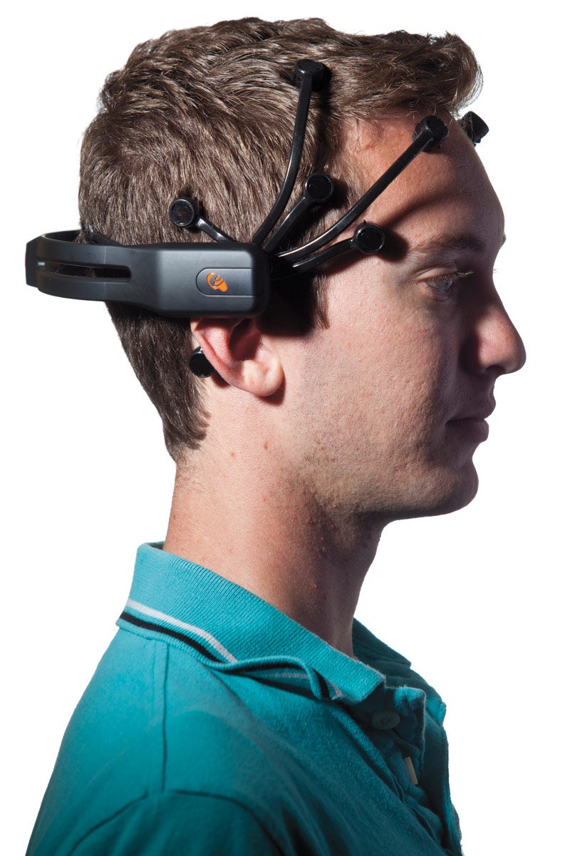 A headset on Stobridge picks up concentrated brain waves from 14 sensor pads and sends the signals that move the truck. A headset on Stobridge picks up concentrated brain waves from 14 sensor pads and sends the signals that move the truck.