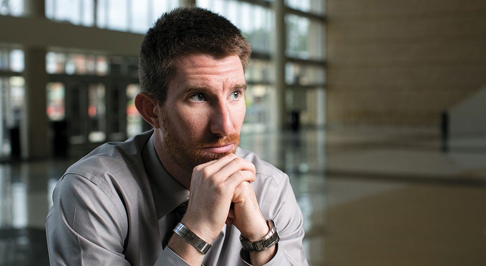 Air Force veteran Jeff MacGibbon, '13, became a peer mentor to help other student veterans transitioning from the armed services to the culture of a college campus. Air Force veteran Jeff MacGibbon, '13, became a peer mentor to help other student veterans transitioning from the armed services to the culture of a college campus.