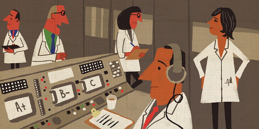 Paul Thurlby illustration of technicians in mission control room, monitoring student progress.