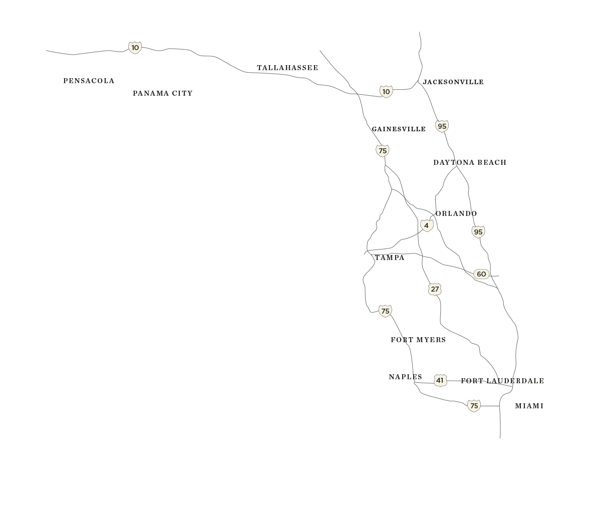 Florida map displaying roads and cities