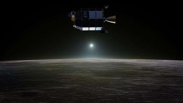 Artist's concept of NASA's Lunar Atmosphere and Dust Environment Explorer spacecraft in orbit above the moon