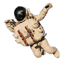 Alan Eustance in custom made space suit during record breaking jump with clouds animated in the background