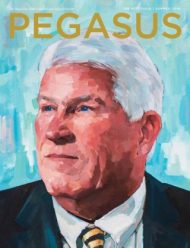 A painted portrait of John C. Hitt displays him wearing a suit while staring off into the distance against a blue background with the word "Pegasus" written in gold above his head.
