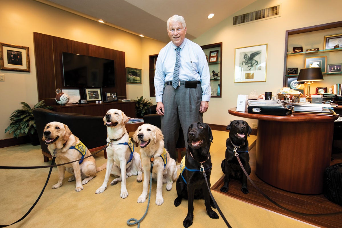 An older man stands in his office with a wide smile on his face. In front of him are three yellow labs and two black labs.
