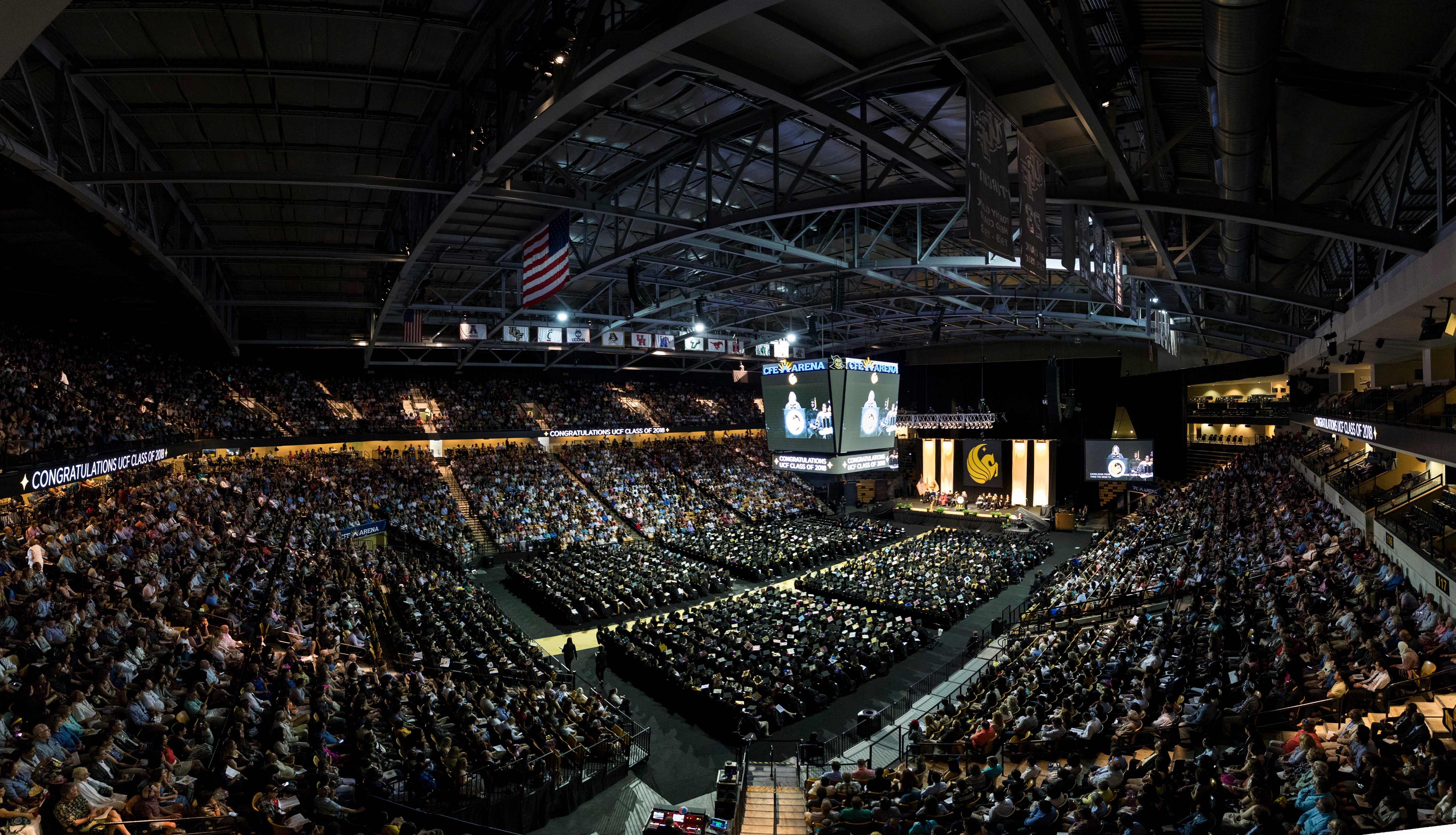 A wide shot displays the crowded CFE Arena. A wide shot displays the crowded CFE Arena.