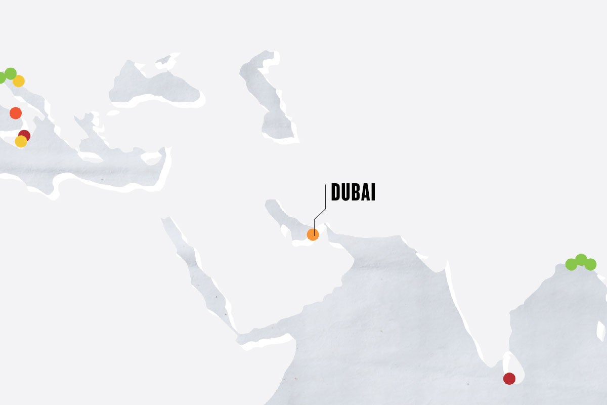 greyscale map with colorful dots marking cities, with the main city marked as DUBAI