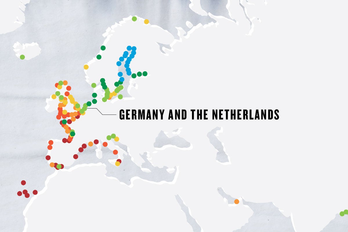 greyscale map with colorful dots marking cities, with the main dot marked as GERMANY AND THE NETHERLANDS greyscale map with colorful dots marking cities, with the main dot marked as GERMANY AND THE NETHERLANDS