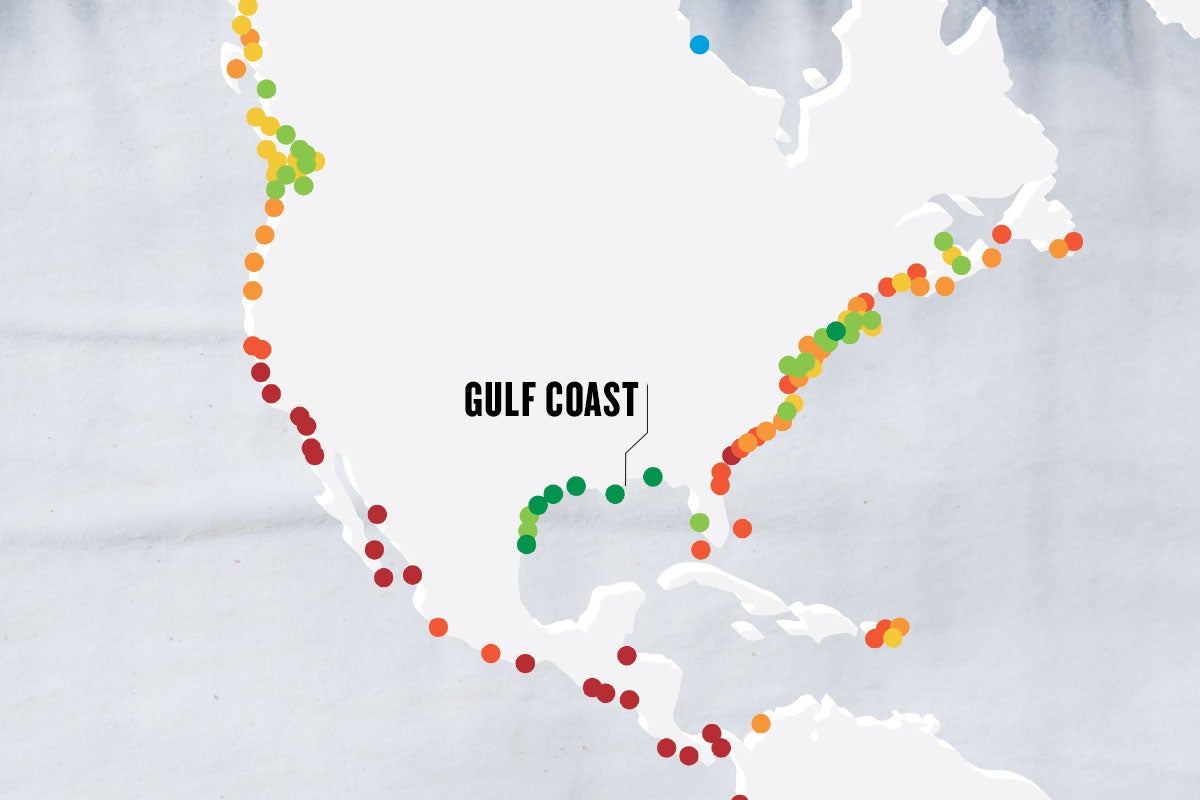 greyscale map with colorful dots marking important points, with the main point marked as GULF COAST
