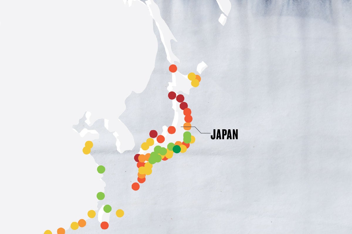 greyscale map with colorful dots marking important points, with the main point marked as JAPAN