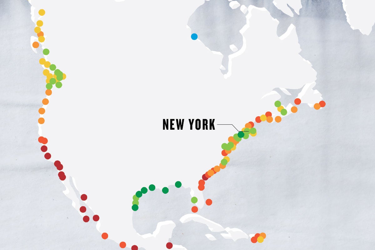 greyscale map with colorful dots marking important points, with the main point marked as NEW YORK