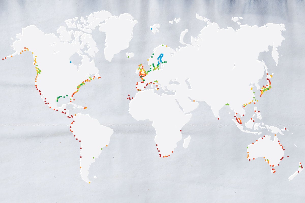 greyscale map with colorful dots marking important points