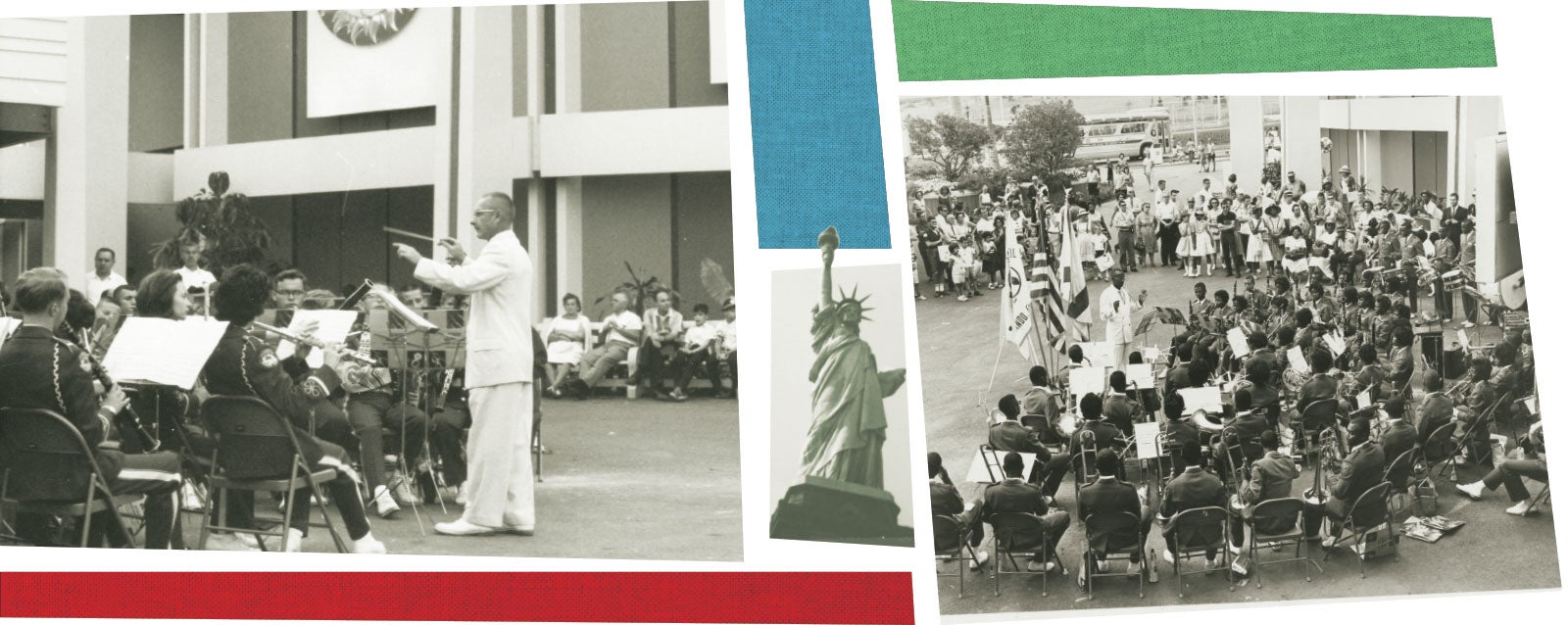 Photograph of Edgewater High School band and Jones High School at the 1964 World's Fair