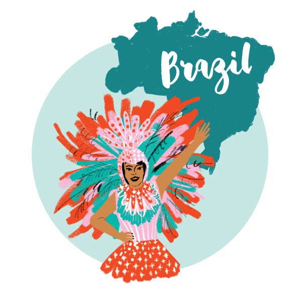 An illustration of Brazil with a female Carnival dancer.