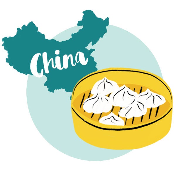 An illustration of China and steamed dumplings.