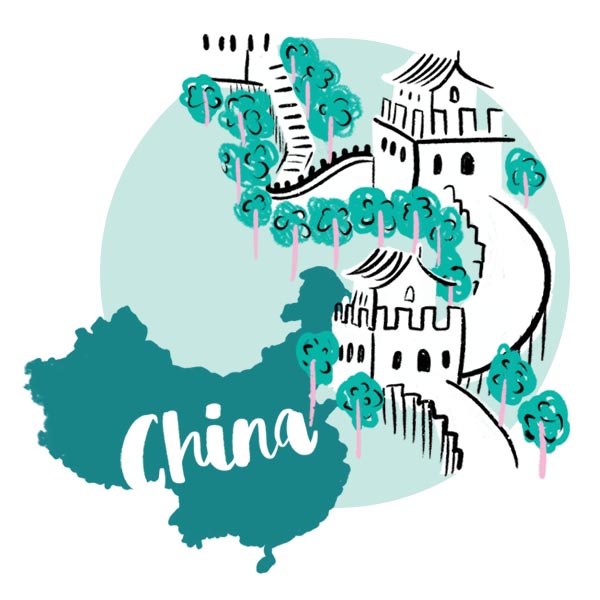 An illustration of China and the Great Wall of China. An illustration of China and the Great Wall of China.