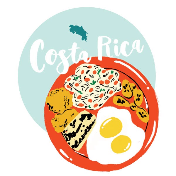 An illustration of Costa Rica and a plate of breakfast food An illustration of Costa Rica and a plate of breakfast food