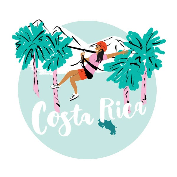 An illustration of Costa Rica with a woman zip lining An illustration of Costa Rica with a woman zip lining