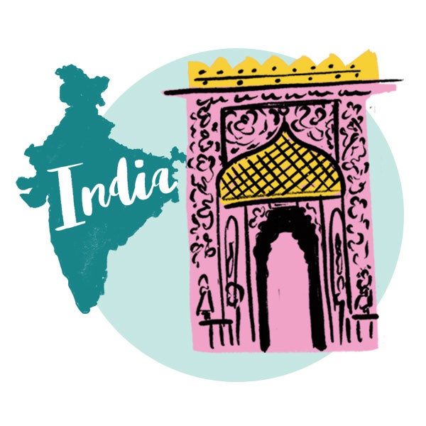 An illustration of India and a decorative entrance.