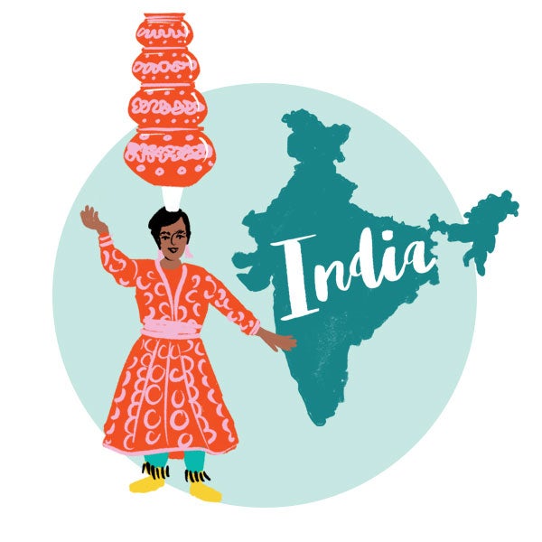 An illustration of India and a woman balancing objects on her head.