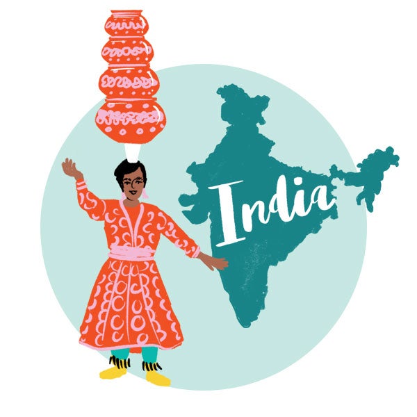 An illustration of India and a woman balancing objects on her head. An illustration of India and a woman balancing objects on her head.