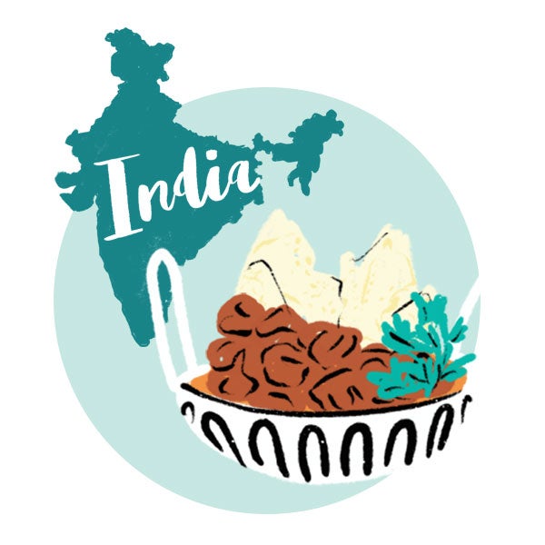 An illustration of India and a bowl of food.