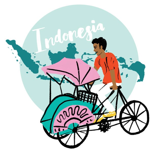 An illustration of Indonesia and a man riding a rickshaw . An illustration of Indonesia and a man riding a rickshaw .