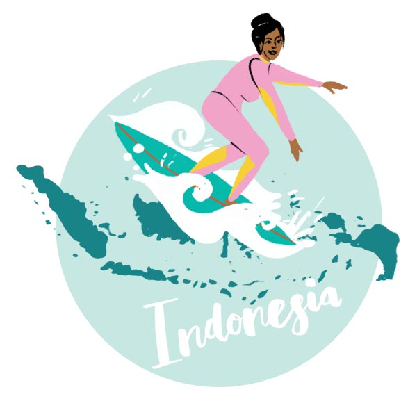 An illustration of Indonesia and a woman surfing. An illustration of Indonesia and a woman surfing.